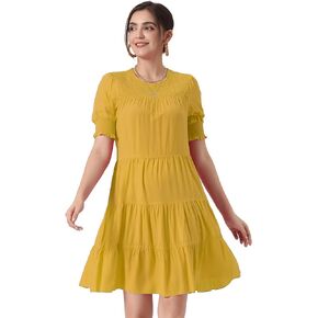 Allegra K Babydoll Swing Dress for Women's Puff Sleeve Tiered Casual Tunic Dresses