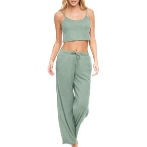 Alexander Del Rossa Women's Ribbed Waffle Rib Knit Pajamas Lounge Set, Spaghetti Strap Cami Crop Top Pajama Pants Pockets