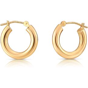 14k Yellow Gold Classic Shiny Polished Round Hoop Earrings, 3mm tube
