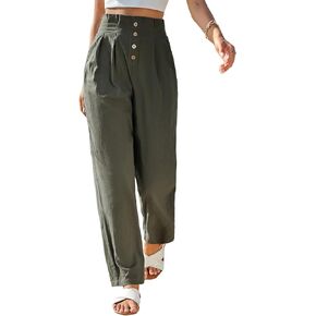 MakeMeChic Women's Casual Solid Linen Paperbag Waist Lounge Pants Button Pleated Tapered Trousers Pants