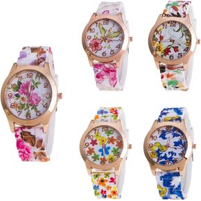 CdyBox Women Ladies Girls Floral Dial Silicone Band Analog Watches Rose Gold Tone Numbers (5 Pack)