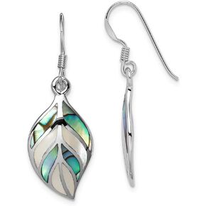 Sterling Silver Rhodium Polished Leaf MOP & Abalone Dangle Earrings