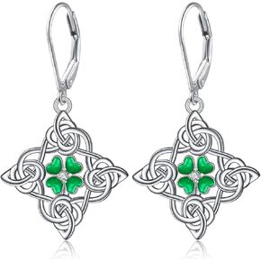 Shamrock Earrings Sterling Silver St Patrick’s Day Earrings Irish Celtic Knot Four Leaf Clover Leverback Earring Jewelry Gifts