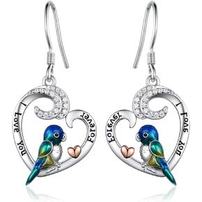 Parrot Earrings for Women 925 Sterling Silver Cute Heart Parrot Dangle Earrings with "I Love You Forever" Heart Robin Bird Animal Jewelry Gifts for Women Girls Mom
