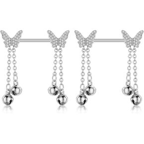 14G Butterfly Jingle Bell Nipple Rings for Women Girls Surgical Steel Cubic Zircon Dangle Chain Barbell Nipple Rings Nipple Shield Body Piercing Jewelry