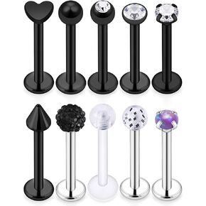 Ftovosyo 10pcs 16g 316L Stainless Steel Lip Ring 3mm Cubic Zirconia Labret Studs Monroe Cartilage Tragus Helix Earring Piercing Jewelry 8mm Bar Length for Women Men