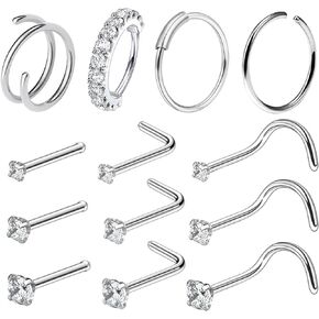 Ftovosyo 20G Surgical Steel Nose Rings Hoops for Women Men Cubic Zirconia Nose Piercing Jewelry L Shaped Nose Ring Stud Set