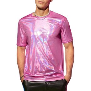 WDIRARA Men's Metallic Crewneck Short Sleeve Party Club Oversized Tee Shirt Top