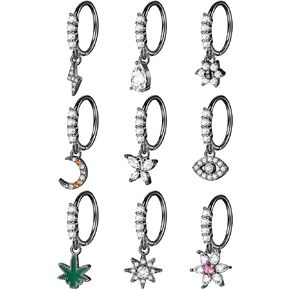 jerywe 9 قطع 20 جرام حلقات الأنف المتدلية الأطواق للنساء الرجال الجراحية الفولاذ المقاوم للصدأ الأنف الدائري العين الشريرة فراشة القمر نجمة زهرة ورقة تشيكوسلوفاكيا الأنف هوب الدائري الغضروف القرط المتدلية ثقب الأنف المجوهرات in Kuwait