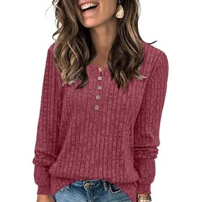 Womens LightWeight Sweaters Long Sleeve Henley T Shirts Fall Casual Crewneck Tunic Tops