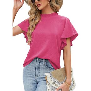 Aifer Womens Summer Ruffle Short Sleeve Dressy Casual Blouses Mock Neck Tops Elegant Work Shirts