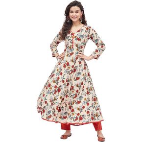 Tissu Women's Rayon Beige & Orange Floral Printed A-Line Kurta