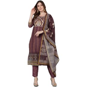 Bani Women Chanderi Kurti Pant Dupatta Set Embroidered Neck Indian Ethnic Tunic Top Kurta for Girls 3/4 Sleeves
