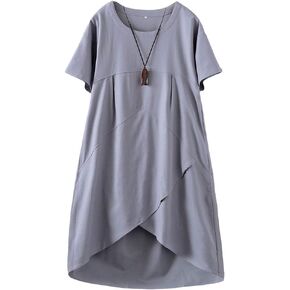 Tebreux Women's Linen Midi Dress Oversized Short Sleeve Sundress Baggy Tunic Dresses with Pockets