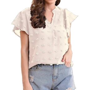 GZ-LAOPAITOU V Neck Blouses for Women Swiss Dot Shirts Ruffle Petal Sleeve Tops Summer Casual Flowy T-Shirt Tunic