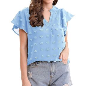 GZ-LAOPAITOU بلوزات برقبة على شكل حرف V للنساء قمصان منقطة سويسرية بأكمام بتلات مكشكشة تي شيرت صيفي غير رسمي فضفاض in Kuwait