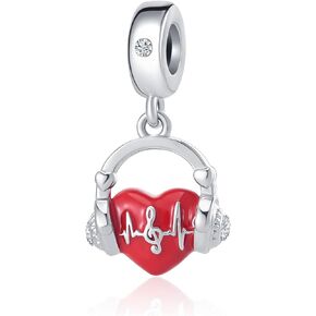 OutstandLong Red Music Note Heart Charms for Pandora Bracelets Headset Dangle Beads for Girls Daughter Sister Friend