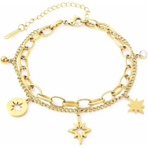 Layered Bracelet Stainless Steel Octagonal Stars Bezel-Set Cubic Zirconia Charm Chains for Women Girls