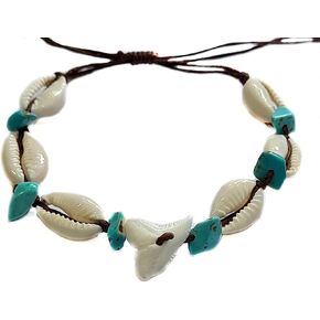 Genuine Mako Shark Tooth, Cowrie Shells, Turquoies Beads Cord Wristband Bracelet Handmade Surfer Beach Jewelry for Men Women Boys Girls EA389-BL