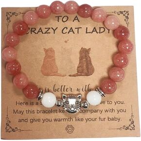 Handmade Cute Cat Nature Colorful Stone Beaded Adjustable Bracelet with Lovely Card Jewelry for Women Girls Cat Animals Lover Birthday Valentine's Day Sweet Gifts