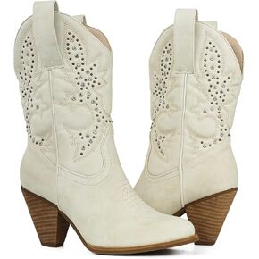 WIRALOMI Women Western Cowboy Mid Calf Boots Rhinestones Round Toe Stacked Heel Embroidered Cowgirl Boots in Kuwait