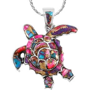Turquoise Network Turtle Pendant Necklace 925 Sterling Silver Genuine Gemstones & 20" Chain