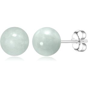 .925 Sterling Silver Natural Gemstone 8mm Round Sphere Ball Stud Earrings with butterfly-back in Green Jade or Purple Amethyst with Butterfly-backs