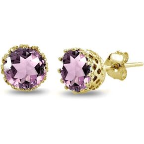 Yellow Gold Flashed Sterling Silver Genuine, Created or Simulated Birthstone Gemstone Crown Stud Earrings