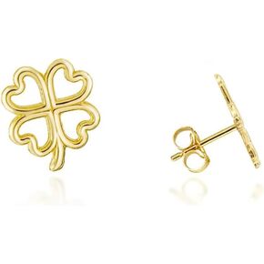 Yellow Gold 4 Lucky Leaf Clover Stud Earrings for Women, 0.38 inches Height x 0.33 inches Width