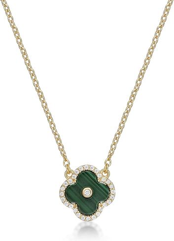 Lavari Jewelers Malachite, Black Onyx or Mother of Pearl and Cubic Zirconia Flower Pendant Necklace for Women in 925 Sterling Silver with Gold Plating on 16 to 18 Inch Adjustable Chain Spring Ring in Saudi Arabia