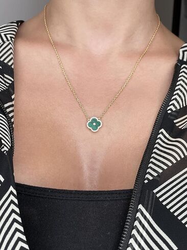 Lavari Jewelers Malachite, Black Onyx or Mother of Pearl and Cubic Zirconia Flower Pendant Necklace for Women in 925 Sterling Silver with Gold Plating on 16 to 18 Inch Adjustable Chain Spring Ring in Saudi Arabia