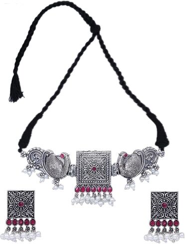 Oxidized Handcrafted Jewellery set Necklace with Earrings|Indian Choker set for Women/Girls Accessories-Silver in Kuwait
