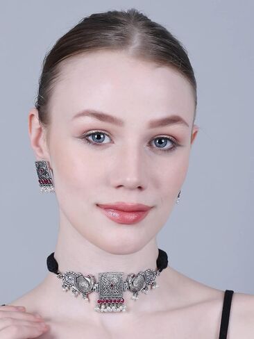 Oxidized Handcrafted Jewellery set Necklace with Earrings|Indian Choker set for Women/Girls Accessories-Silver in Kuwait