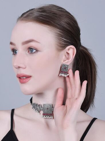 Oxidized Handcrafted Jewellery set Necklace with Earrings|Indian Choker set for Women/Girls Accessories-Silver in Kuwait
