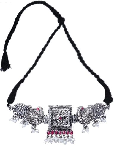 Oxidized Handcrafted Jewellery set Necklace with Earrings|Indian Choker set for Women/Girls Accessories-Silver in Kuwait