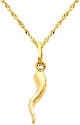 The World Jewelry Center 14k Yellow Gold Cornicello Italian Horn Pendant with 1.2mm Singapore Chain Necklace in Saudi Arabia