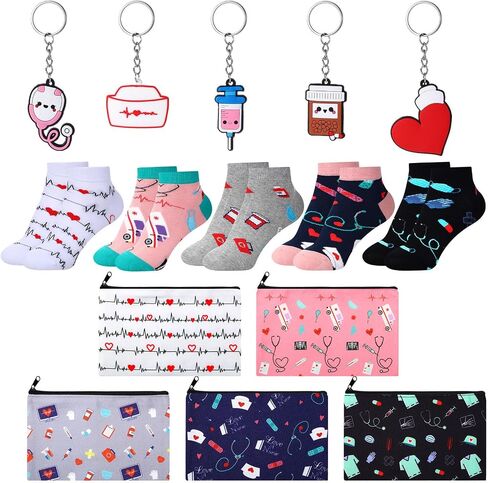 15 Pieces Nurse Gift Sets 5 Nurse Socks 5 Nurse Pattern Canvas Makeup Bag 5 Nurse Keychain Nurse Party Favors Nurses Week Gift, Christmas Birthday Gift for Women School Nurse in Saudi Arabia