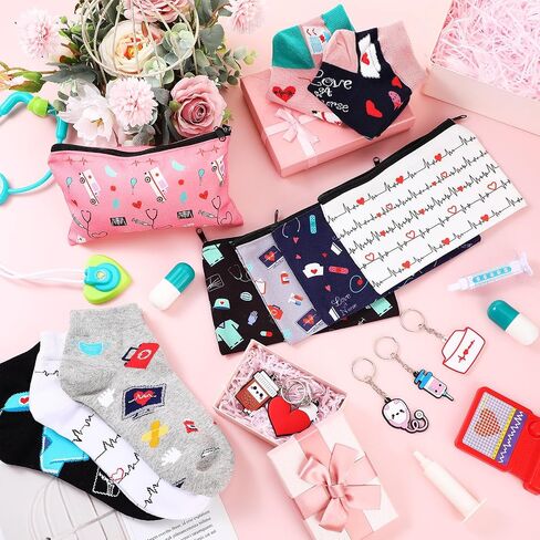 15 Pieces Nurse Gift Sets 5 Nurse Socks 5 Nurse Pattern Canvas Makeup Bag 5 Nurse Keychain Nurse Party Favors Nurses Week Gift, Christmas Birthday Gift for Women School Nurse in Saudi Arabia