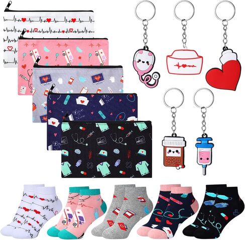 15 Pieces Nurse Gift Sets 5 Nurse Socks 5 Nurse Pattern Canvas Makeup Bag 5 Nurse Keychain Nurse Party Favors Nurses Week Gift, Christmas Birthday Gift for Women School Nurse in Saudi Arabia