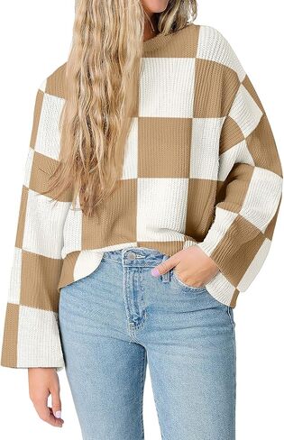 بلوفر نسائي من LILLUSORY موضة 2023 ذو مربعات وأكمام طويلة وفتحة رقبة مستديرة ومخطط كبير الحجم وسترات علوية غير رسمية in Kuwait