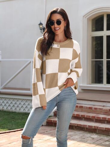 بلوفر نسائي من LILLUSORY موضة 2023 ذو مربعات وأكمام طويلة وفتحة رقبة مستديرة ومخطط كبير الحجم وسترات علوية غير رسمية in Kuwait