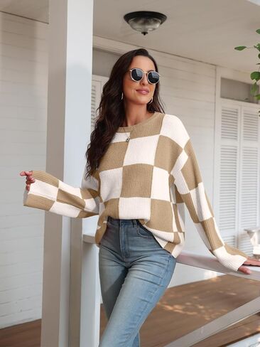 بلوفر نسائي من LILLUSORY موضة 2023 ذو مربعات وأكمام طويلة وفتحة رقبة مستديرة ومخطط كبير الحجم وسترات علوية غير رسمية in Kuwait