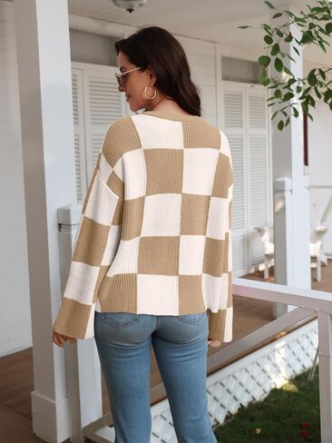 بلوفر نسائي من LILLUSORY موضة 2023 ذو مربعات وأكمام طويلة وفتحة رقبة مستديرة ومخطط كبير الحجم وسترات علوية غير رسمية in Kuwait