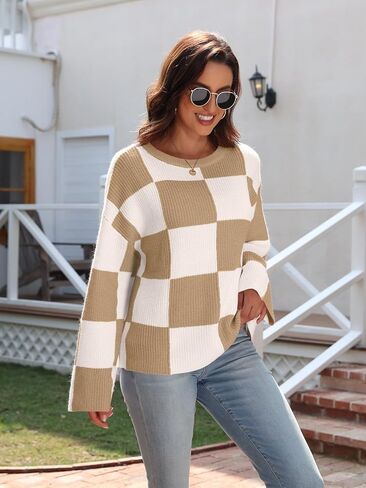 بلوفر نسائي من LILLUSORY موضة 2023 ذو مربعات وأكمام طويلة وفتحة رقبة مستديرة ومخطط كبير الحجم وسترات علوية غير رسمية in Kuwait