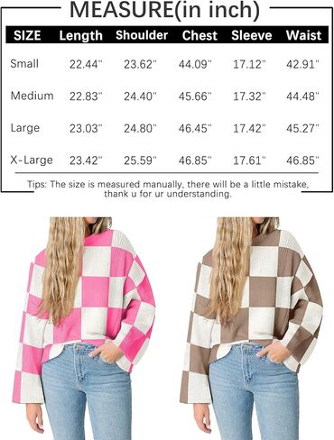 بلوفر نسائي من LILLUSORY موضة 2023 ذو مربعات وأكمام طويلة وفتحة رقبة مستديرة ومخطط كبير الحجم وسترات علوية غير رسمية in Kuwait
