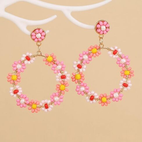 زهرة البوهيمية مطرز قطرة تتدلى الأقراط اليدوية الملونة مطرز الأقراط زهرة الأكريليك الأقراط خفيفة الوزن بيان هندسي للنساء الفتيات in Kuwait