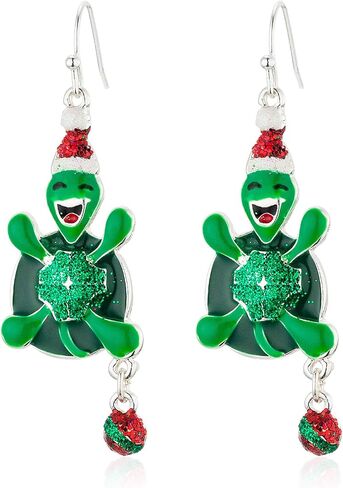 RareLove Cute Christmas Happy Turtle Tortoise with Santa Hat Ring Bell Piercing Dangle Earrings Silver Plated Alloy Holiday Jewelry For Women Girls in Saudi Arabia
