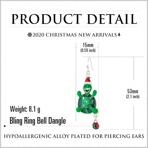RareLove Cute Christmas Happy Turtle Tortoise with Santa Hat Ring Bell Piercing Dangle Earrings Silver Plated Alloy Holiday Jewelry For Women Girls in Saudi Arabia