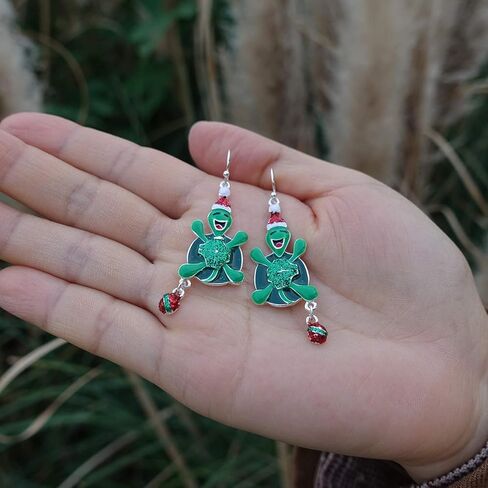 RareLove Cute Christmas Happy Turtle Tortoise with Santa Hat Ring Bell Piercing Dangle Earrings Silver Plated Alloy Holiday Jewelry For Women Girls in Saudi Arabia