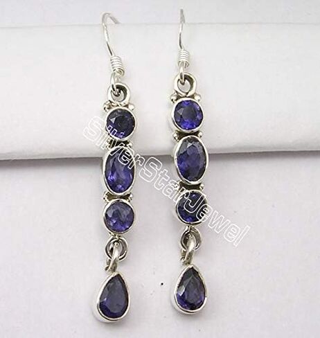 SilverStarJewel 0.925 Pure Silver Cut Iolite French Hook Earrings 4.8 cm Fashion Stone in Saudi Arabia